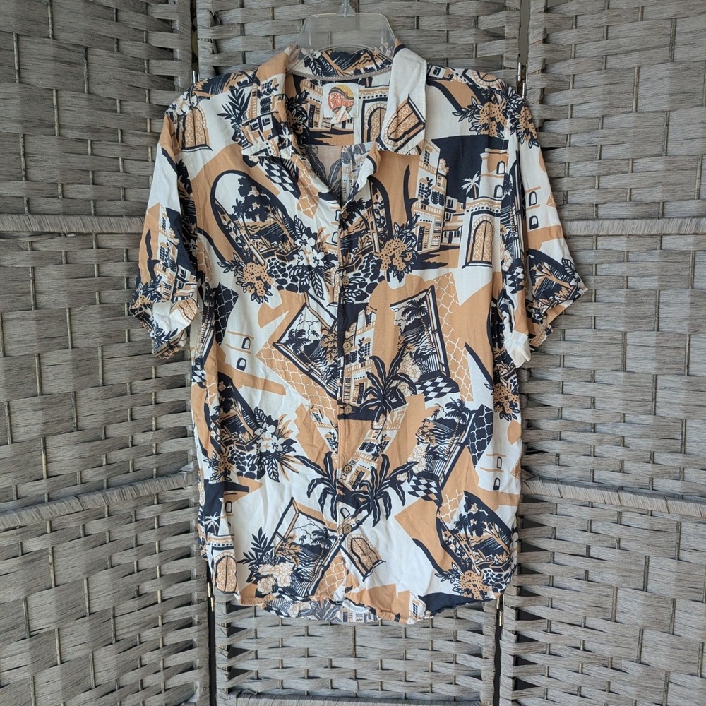 C&C California Novelty Print Tropical Surf Palm Tree Button Up Shirt Mens Sz L